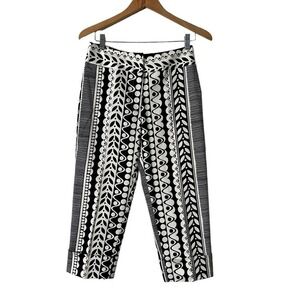 J. McLaughlin‎ Monochrome Tribal Print Crop Pants Size 6 Black BOHO Chic Artsy
